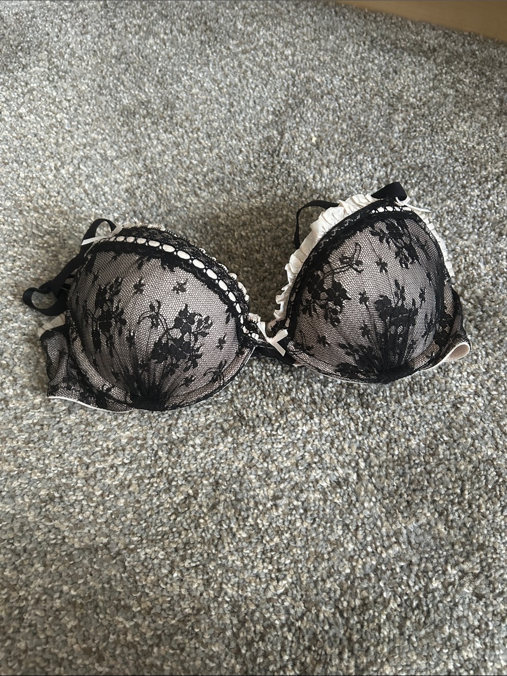 Victoria's Secret Black Lace Push-Up Bra with Cream Ruffle Trim